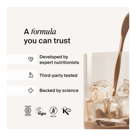 Product packaging with a glass of iced coffee and text about trustworthiness, expert development, third-party testing, and science backing.