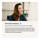 Woman with a quote from Dr. Kristen Holmes about human performance and trust in products.