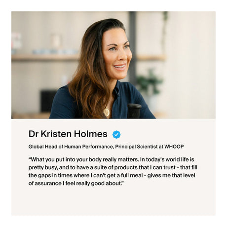 Woman with a quote from Dr. Kristen Holmes about human performance and trust in products.