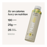 Huel banana protein shake bottle with nutritional information on a white background