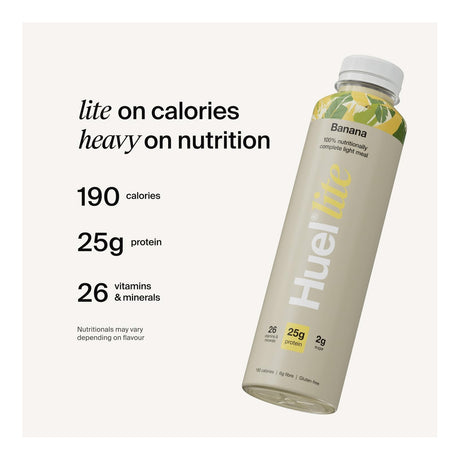 Huel banana protein shake bottle with nutritional information on a white background