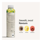 Bottle of Huel meal replacement shake with flavor options displayed on a white background