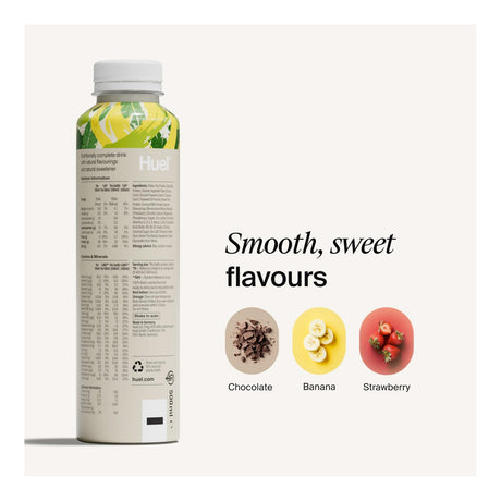 Bottle of Huel meal replacement shake with flavor options displayed on a white background