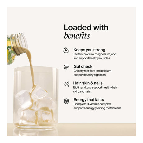 Glass of liquid being poured with text about health benefits on a white background