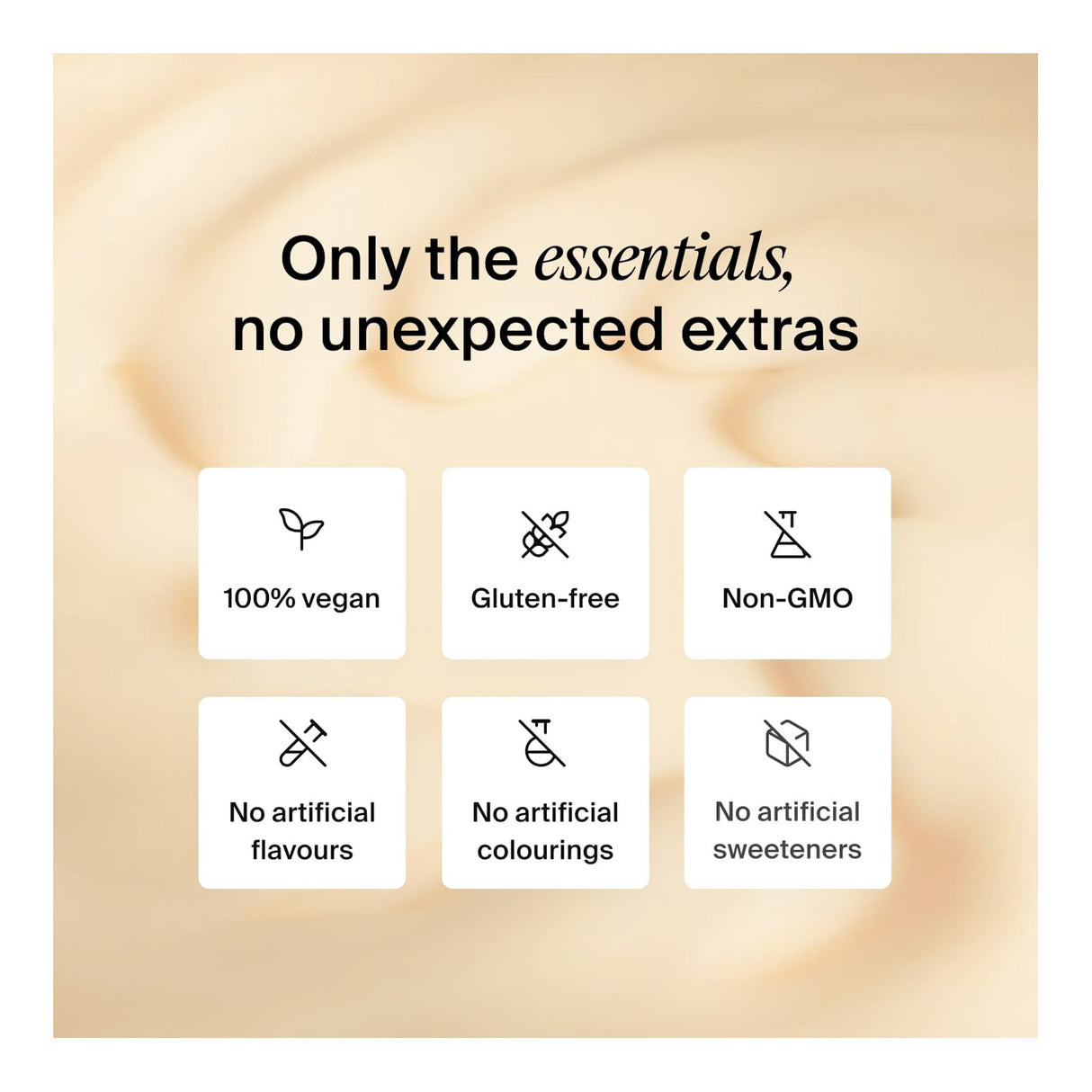 Product packaging with health and wellness icons and text on a beige background