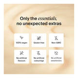 Product packaging with health and wellness icons and text on a beige background