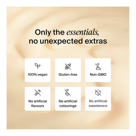 Product packaging with health and wellness icons and text on a beige background