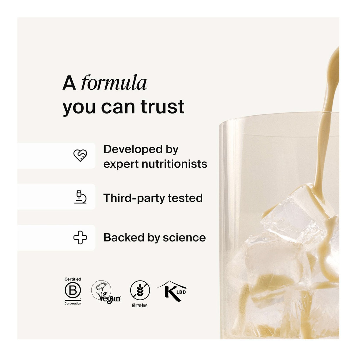 Product packaging with certification logos and text about trustworthiness and science backing.