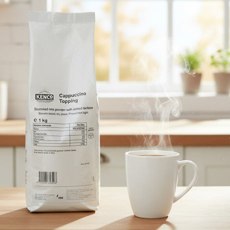 Kenco Cappuccino topping bag in a kitchen area with a coffee