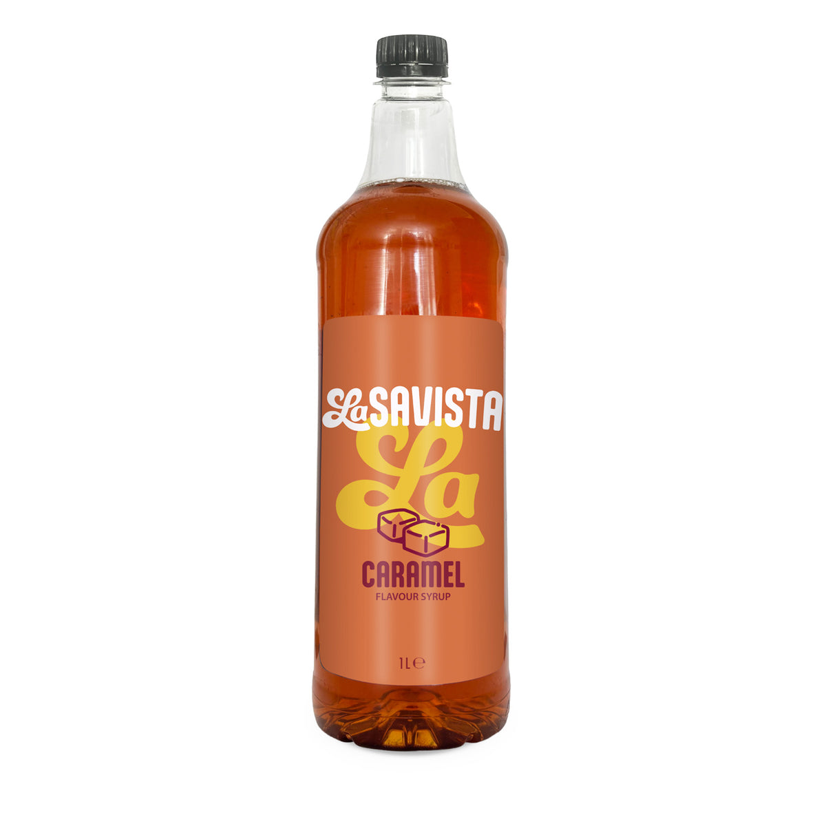A 1-liter glass bottle of Savista La Caramel food flavouring syrup, filled with amber liquid and featuring a brown label with yellow and white text, on a white background.