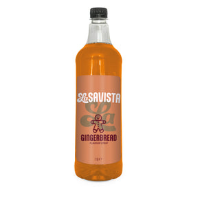 A 1L bottle of Savista Gingerbread flavour syrup, filled with orange liquid and featuring a peach-colored label with white and dark red text, set against a plain white background.