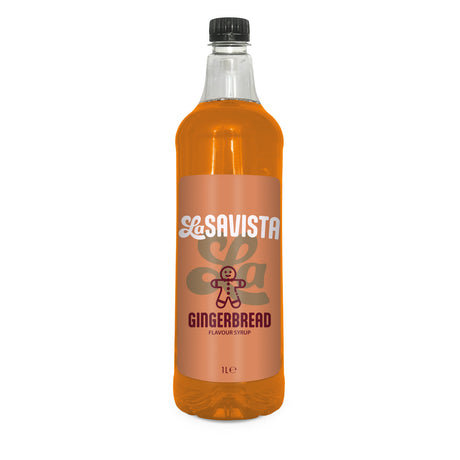 A 1L bottle of Savista Gingerbread flavour syrup, filled with orange liquid and featuring a peach-colored label with white and dark red text, set against a plain white background.