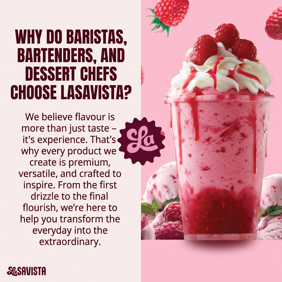Promotional graphic for Lasavista featuring a pink strawberry milkshake topped with whipped cream and fresh raspberries on the right, alongside large text on the left reading 'WHY DO BARISTAS, BARTENDERS, AND DESERT CHEFS CHOOSE LASAVISTA?' with a brand logo and slogan.
