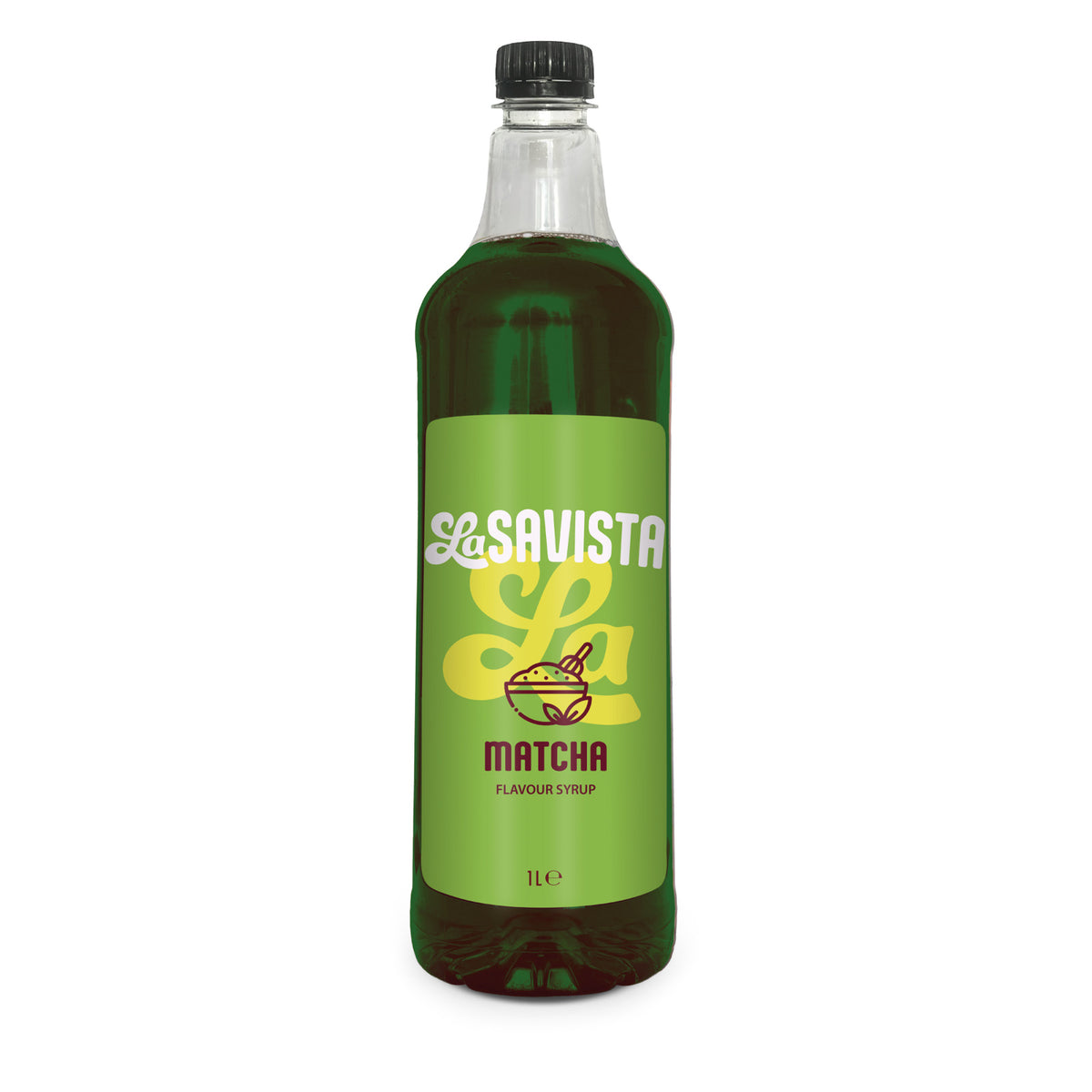 A 1L bottle of Savista Matcha Flavoured Syrup with a green label and dark green liquid inside, on a white background.