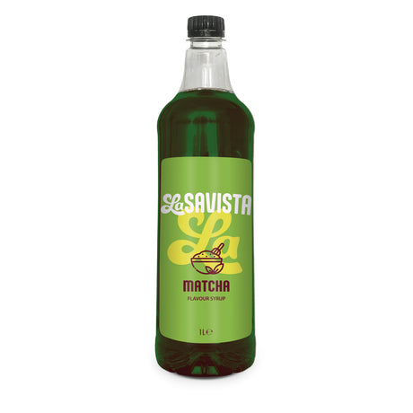 A 1L bottle of Savista Matcha Flavoured Syrup with a green label and dark green liquid inside, on a white background.