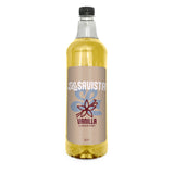 A 1-liter bottle of Savista Vanilla Flavouring Syrup with a beige label and black cap, filled with golden yellow syrup, on a white background.