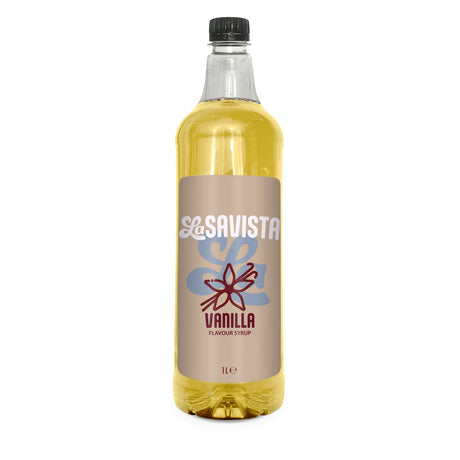 A 1-liter bottle of Savista Vanilla Flavouring Syrup with a beige label and black cap, filled with golden yellow syrup, on a white background.