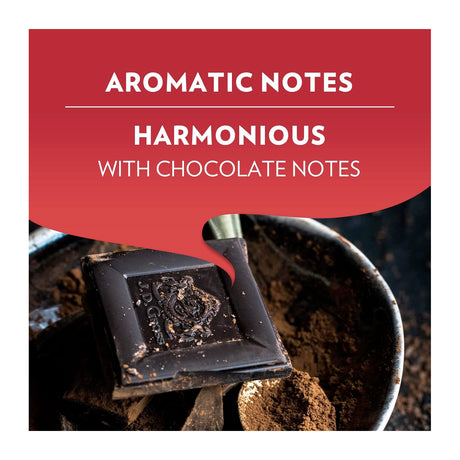 Coffee grinder with coffee beans and text about aromatic notes and chocolate notes on a red background