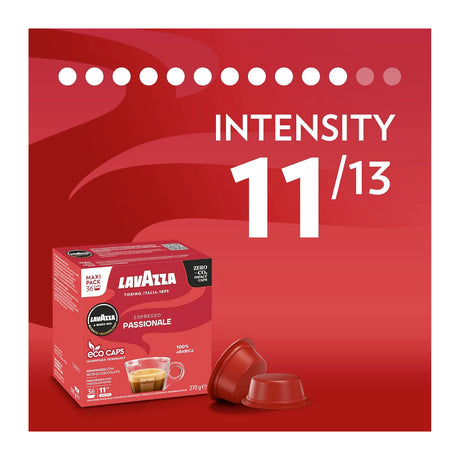 Lavazza coffee capsule packaging with intensity rating on a red background