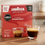 Lavazza Espresso Passionale coffee packaging with a glass of coffee on a wooden surface.