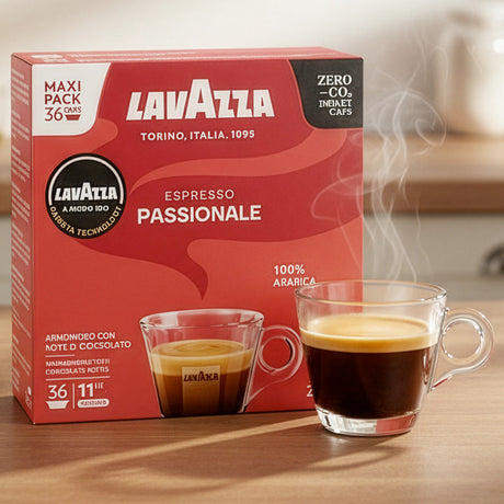 Lavazza Espresso Passionale coffee packaging with a glass of coffee on a wooden surface.