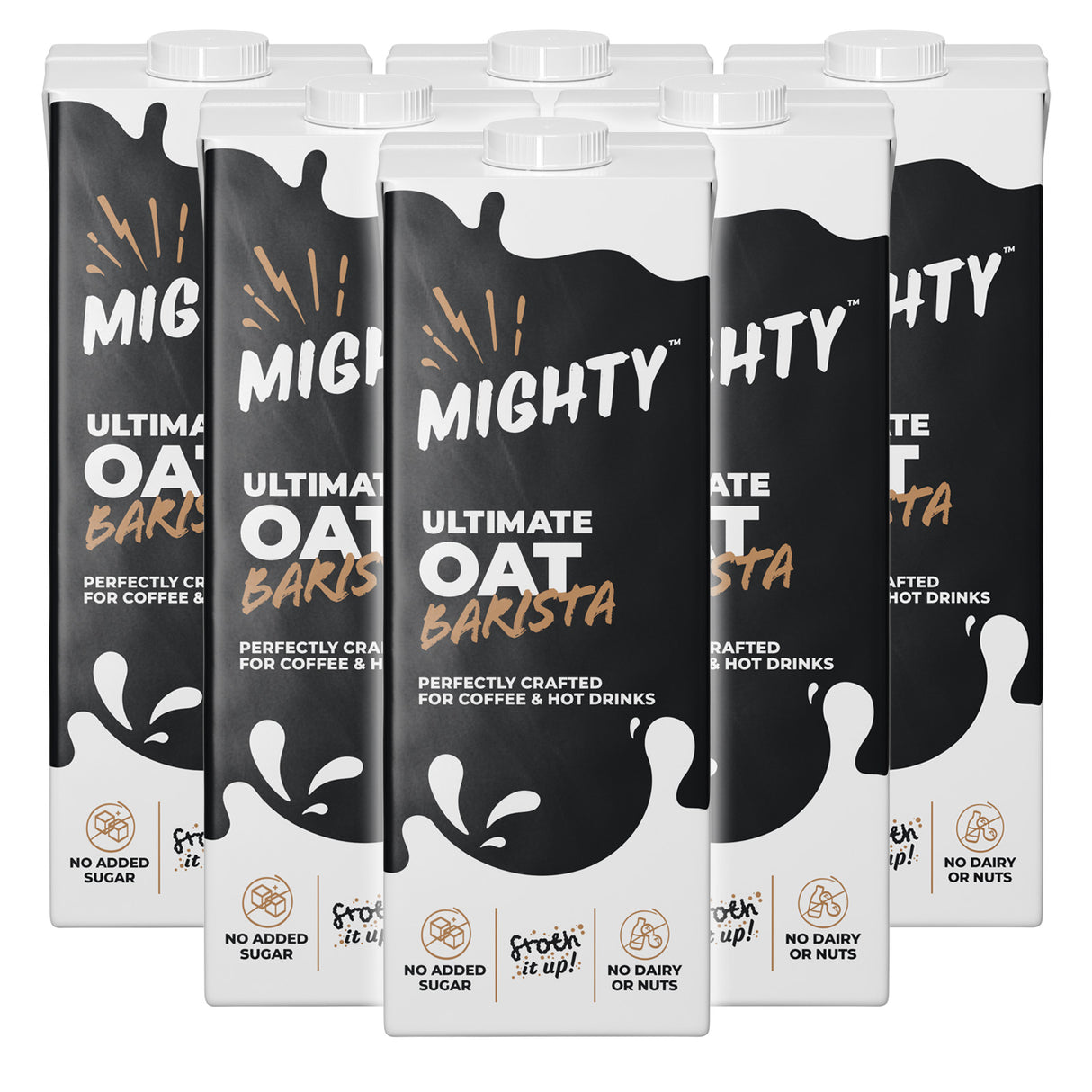 Packaging of Mighty Ultimate Oat Barista drinks on a white background