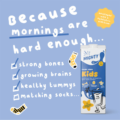 A milk carton for Mighty Go Kids on a light blue