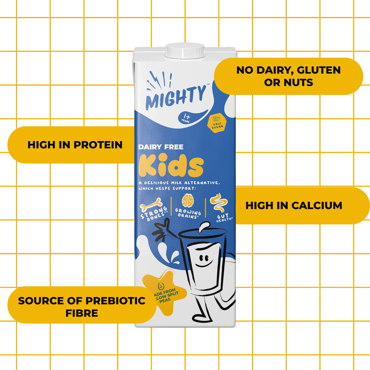 A carton of Mighty Kids dairy-free milk alternative shown on a white background with a yellow grid