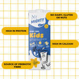 A carton of Mighty Kids dairy-free milk alternative shown on a white background with a yellow grid