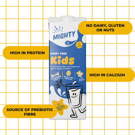 A carton of Mighty Kids dairy-free milk alternative shown on a white background with a yellow grid