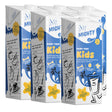 Six cartons of Mighty Kid Dairy Free Kids milk arranged in a row on a white background. 