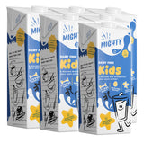 Six cartons of Mighty Kid Dairy Free Kids milk arranged in a row on a white background. 