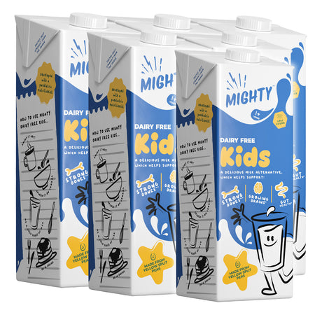 Six cartons of Mighty Kid Dairy Free Kids milk arranged in a row on a white background. 