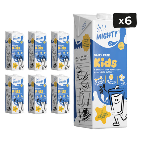 Six cartons of Mighty Kids dairy-free milk alternative arranged on a white background