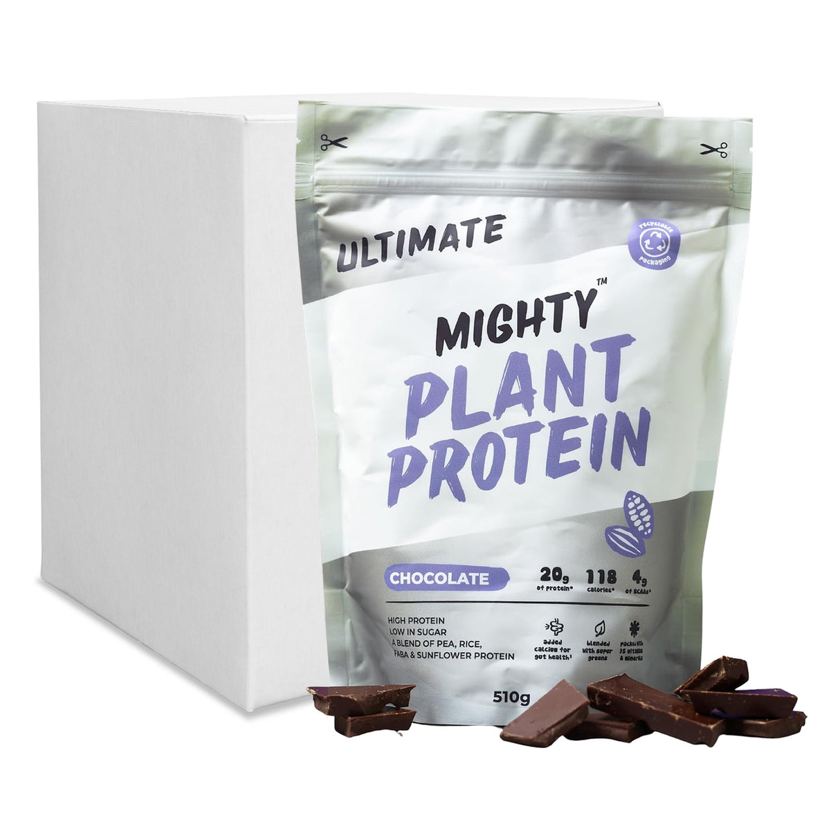 A 510g stand-up pouch of Mighty Plant Protein Ultimate Chocolate flavor protein powder, shown next to a white box with several chocolate pieces in front on a white background.