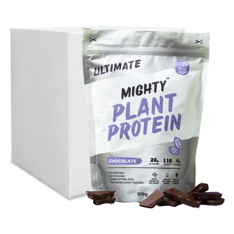 A 510g stand-up pouch of Mighty Plant Protein Ultimate Chocolate flavor protein powder, shown next to a white box with several chocolate pieces in front on a white background.
