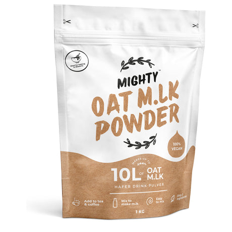 A 1 kg stand-up pouch of Mighty Oat M.LK Powder on a clean white background.