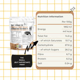 A product infographic showing the back of a small oat milk pouch next to a nutrition information panel. 