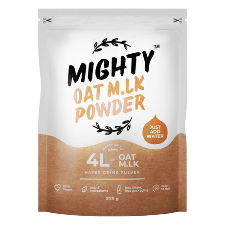 A 375g stand-up pouch of Mighty Oat Milk Powder