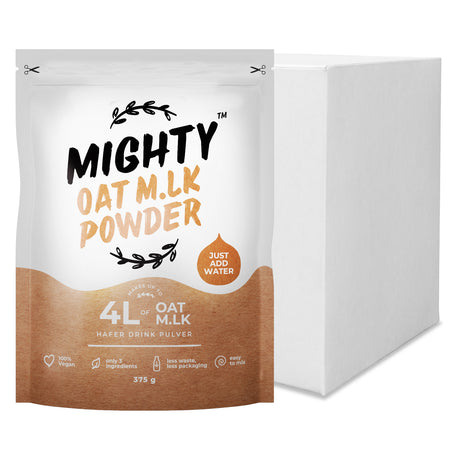 A 375g stand-up pouch of Mighty Oat M.L.K. Powder next to a plain white rectangular box on a white background.
