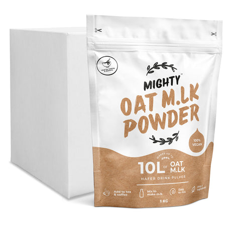 A 10L bag of Mighty Oat M.LK Powder drink mix shown next to its white cardboard packaging box on a clean white background.