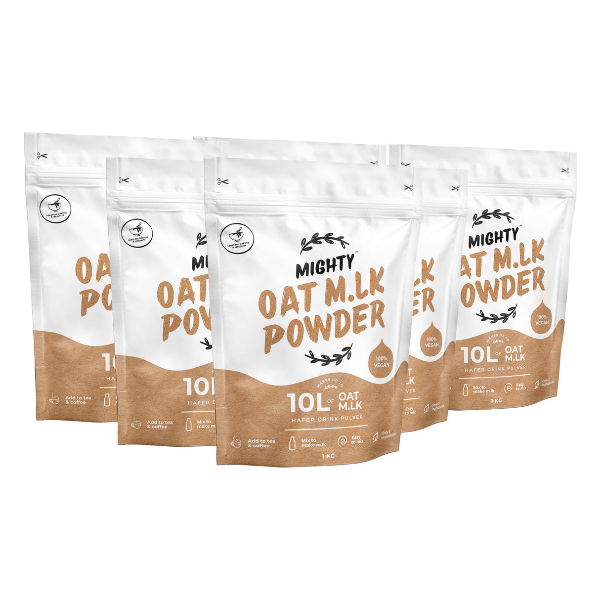 Five stand-up pouches of Mighty Oat Milk Powder arranged in a fan-like product lineup on a plain white background.