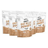 Five stand-up pouches of Mighty Oat Milk Powder arranged in a fan-like product lineup on a plain white background.
