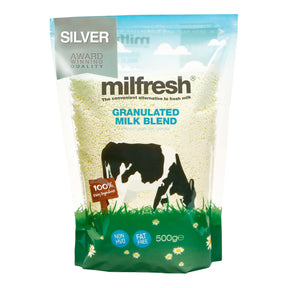 Package of Milfresh granulated milk blend with a cow illustration on a white background