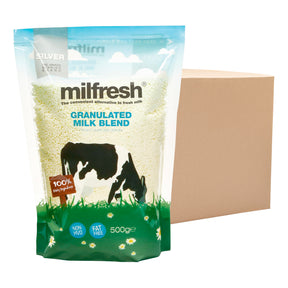 Milfresh granulated milk blend packaging with a cow illustration on a white background