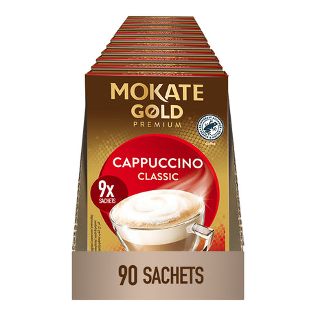 Box of Mokate Gold Cappuccino Classic coffee sachets on a white background