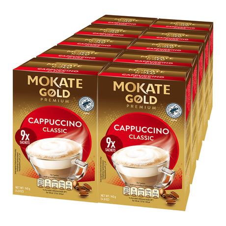 Multiple boxes of Mokate Gold Cappuccino Classic on a white background