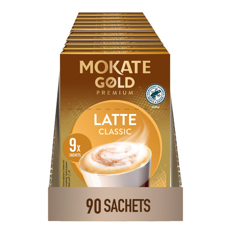 Packaging of Mokate Gold Premium Latte Classic coffee sachets on a white background