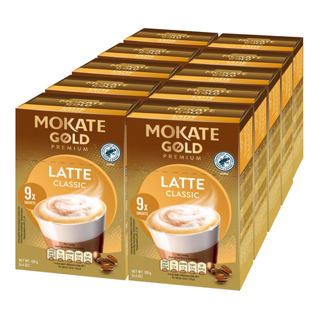 Multiple boxes of Mokate Gold Premium Latte Classic coffee on a white background