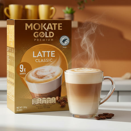 Mokate Gold Premium Latte Classic packaging with a steaming cup of latte on a blurred background